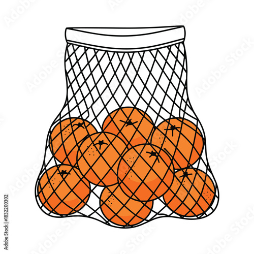 Hand drawn illustration of a reusable mesh bag filled with fresh oranges