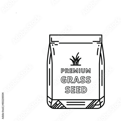 Hand drawn illustration of a bag of premium grass seed with a grass sprout icon