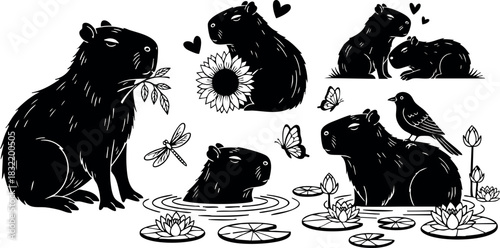 Playful flat design capybara set with sunflower, dragonflies, butterflies and bird among lotus pond scenes, black silhouette vector art on white background, cute relaxing mood