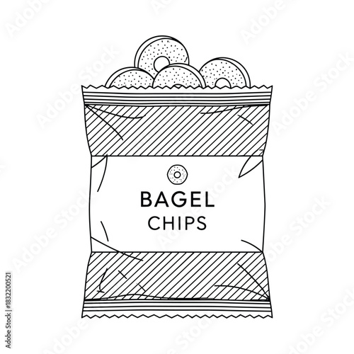 Hand drawn illustration of a bag of bagel chips with a label that says bagel chips