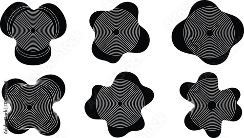 Abstract concentric shapes, organic silhouettes, radial symmetry, black vector, lobed forms, editable, isolated, design elements, pattern icons