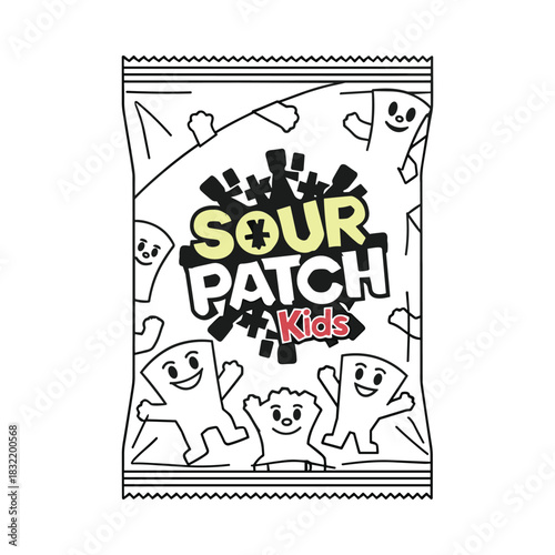 Sour patch kids candy bag outline for coloring and creative projects