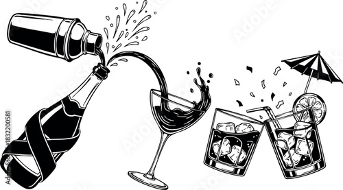 Monochrome line art cocktail set with champagne bottle pouring into martini glass beside ice cube tumblers, straw, citrus slice and umbrella, dynamic splash motion, festive party mood
