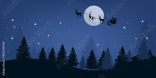 moon over the mountains with christmas tree santa