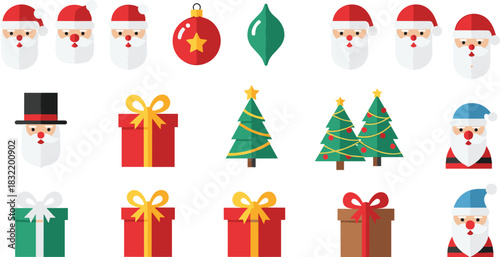 Christmas icons collection, Santa Claus faces, festive ornaments, decorated trees, colorful gift boxes, holiday symbols, seasonal celebration, winter elements, vector set