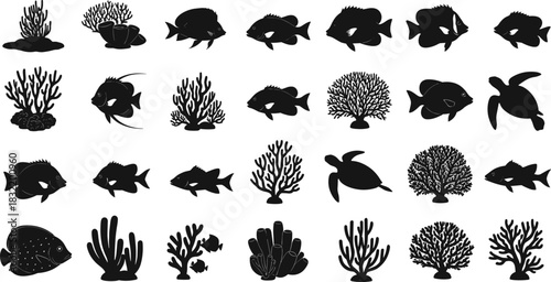 Coral reef silhouettes, tropical fish and sea turtle icons, underwater ocean illustration set, marine life graphics, black vector, aquatic