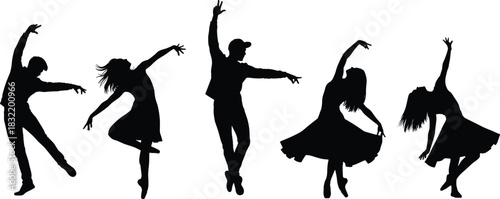 Dance silhouette set, expressive poses, contemporary movement, artistic gesture, black icons, vector illustration, rhythm, body motion, performance, style