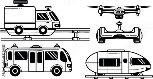Monochrome line art set of futuristic transport icons with drone, hoverboard, autonomous bus and rail vehicles in flat vector design, side view, minimal modern style