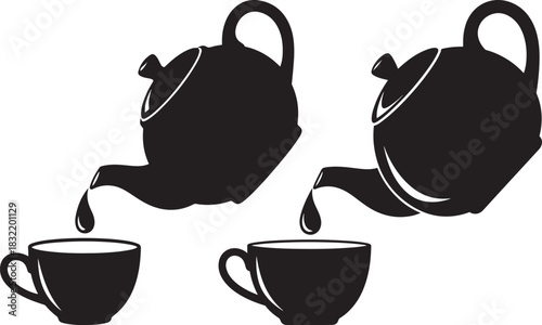 Two teapots pouring tea into matching cups silhouette