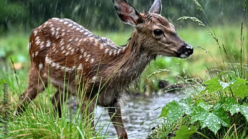 Young forest mammal with spotted coat standing in water during rainfall outdoors
