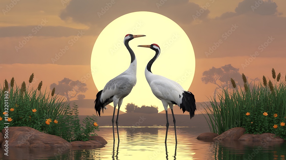 Obraz premium Two red crowned cranes stand in water at sunset with large yellow sun bird animal