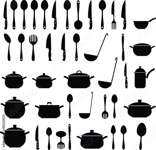 Kitchen utensil silhouettes, cookware icons, knife, spoon, fork, ladle, spatula, pot, pan, black vector, editable, isolated, clipart