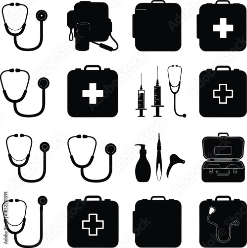 Medical tool silhouettes, black icons, stethoscope, syringe, first aid kit, tweezers, otoscope, blood pressure monitor, editable, isolated, vector