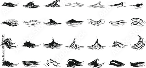 Ocean wave silhouettes, sea surf icons set, tidal splash illustrations, abstract water lines, coastal swell graphics, black vector, nautical design, beach theme, marine elements, minimal style