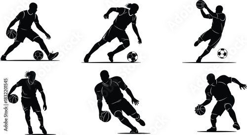 Soccer and basketball silhouettes, athlete icons, sports action poses, dribbling, goalkeeping, black vector, editable, isolated, dynamic movement