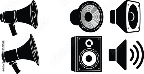 Speaker and megaphone silhouettes, sound system icons, audio output, black vector, editable, isolated, loudspeaker, public address, sound wave