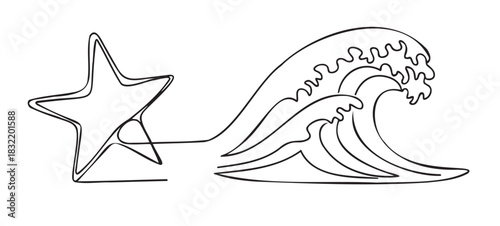 Wave and starfish line art illustration in minimalist style  