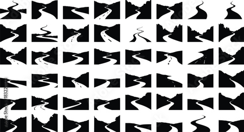 Winding road silhouettes, curvy highway icons, scenic drive illustration set, mountain and forest routes, transportation symbols,