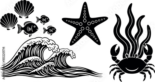 Bold black marine tattoo flash vector art with smiling crab, starfish, seashells, fish and curling ocean waves in stylized silhouette, flat design, playful summer mood