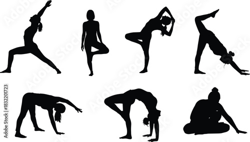 Yoga pose silhouettes, flexibility icons, balance posture, seated stretch, standing bend, black vector, editable, isolated, fitness design