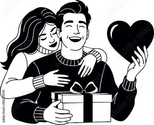Monochrome line art couple portrait with woman hugging from behind as man holds heart symbol and gift box, romantic valentine’s day celebration, cheerful intimate mood