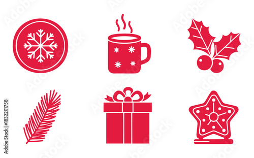Set of red Christmas flat icons with snowflake, steaming cup, holly, gift box, star and pine branch on white background — ideal for holiday, greeting card and festive design content.