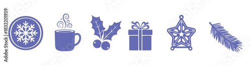 Set of blue Christmas flat icons with snowflake, steaming cup, holly, gift box, star and pine branch on white background — ideal for holiday, greeting card and festive design content.