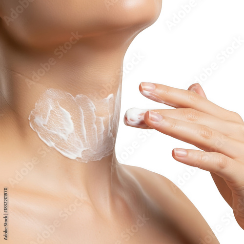 Woman applying cream to neck isolated on transparent background