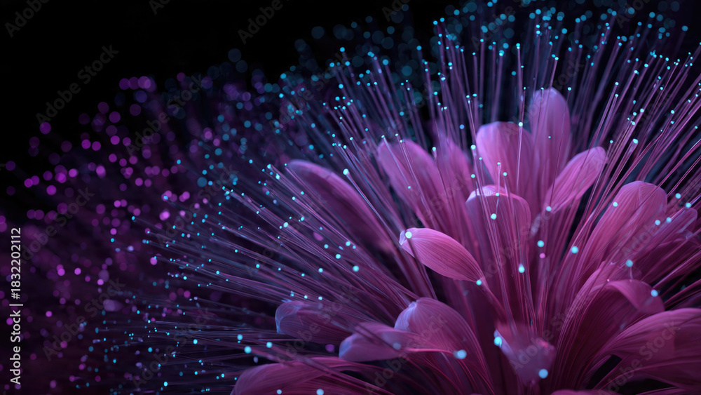 Obraz premium A stunning abstract image blending vibrant magenta petals with glowing cyan fiber optic strands and bokeh lights on a dark background.