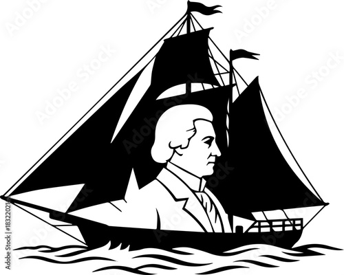 Elegant silhouette of a historical sailing ship carrying a distinguished gentleman, evoking adventure, exploration, and classic maritime journeys.