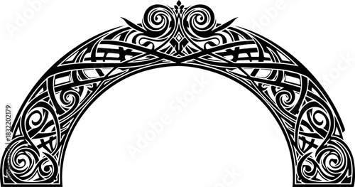 Intricate black ornamental archway with swirling Celtic knotwork patterns, perfect for elegant event entrances or historical designs.