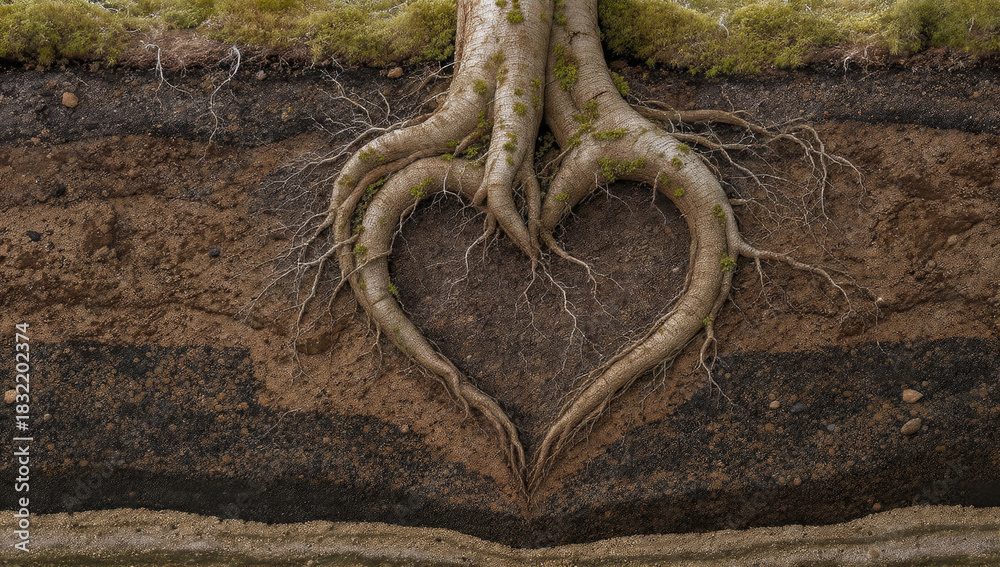 Fototapeta premium Tree roots majestically form a perfect heart shape within the earth, revealing nature's deep connection, love, and intricate layered soil structure.