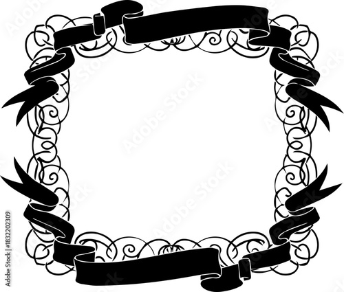 Elegant black decorative frame with ornate swirls and flowing ribbons, perfect for invitations, certificates, or sophisticated design projects.