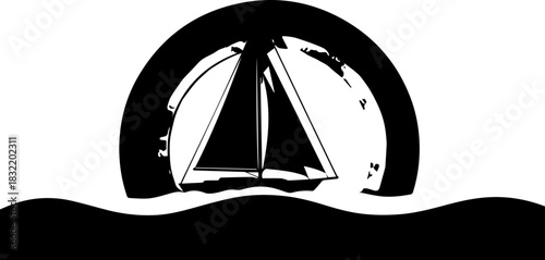 Dramatic sailboat silhouette against a bold sunset or moonlit sky with dynamic ocean waves below creating a powerful maritime scene