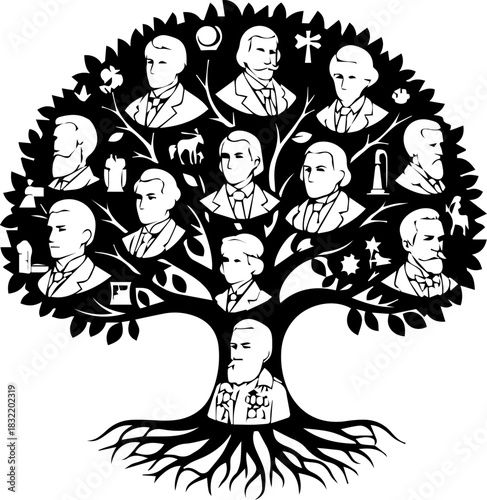 Discover your heritage with this elegant family tree illustration, showcasing ancestral portraits and symbols of legacy, perfect for genealogy projects.