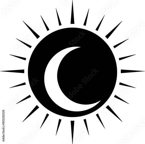 Mystical celestial emblem blending sun and crescent moon for cosmic, spiritual, or astrological designs seeking profound meaning