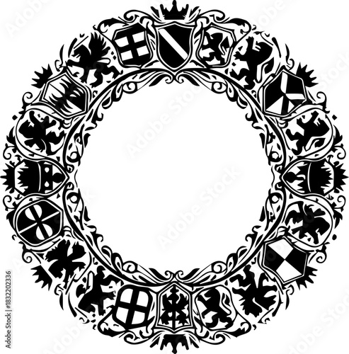 Elegant heraldic crest circle design featuring intricate shields and ornate details, perfect for prestigious branding and historical themes.