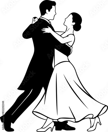 Elegant couple gracefully waltzing together in a passionate ballroom dance, capturing romance and celebration with classic style and movement.