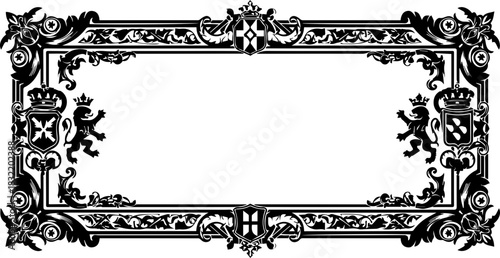 Elegant vintage ornamental border design with heraldic crests and lions, perfect for luxury branding and classic invitations.