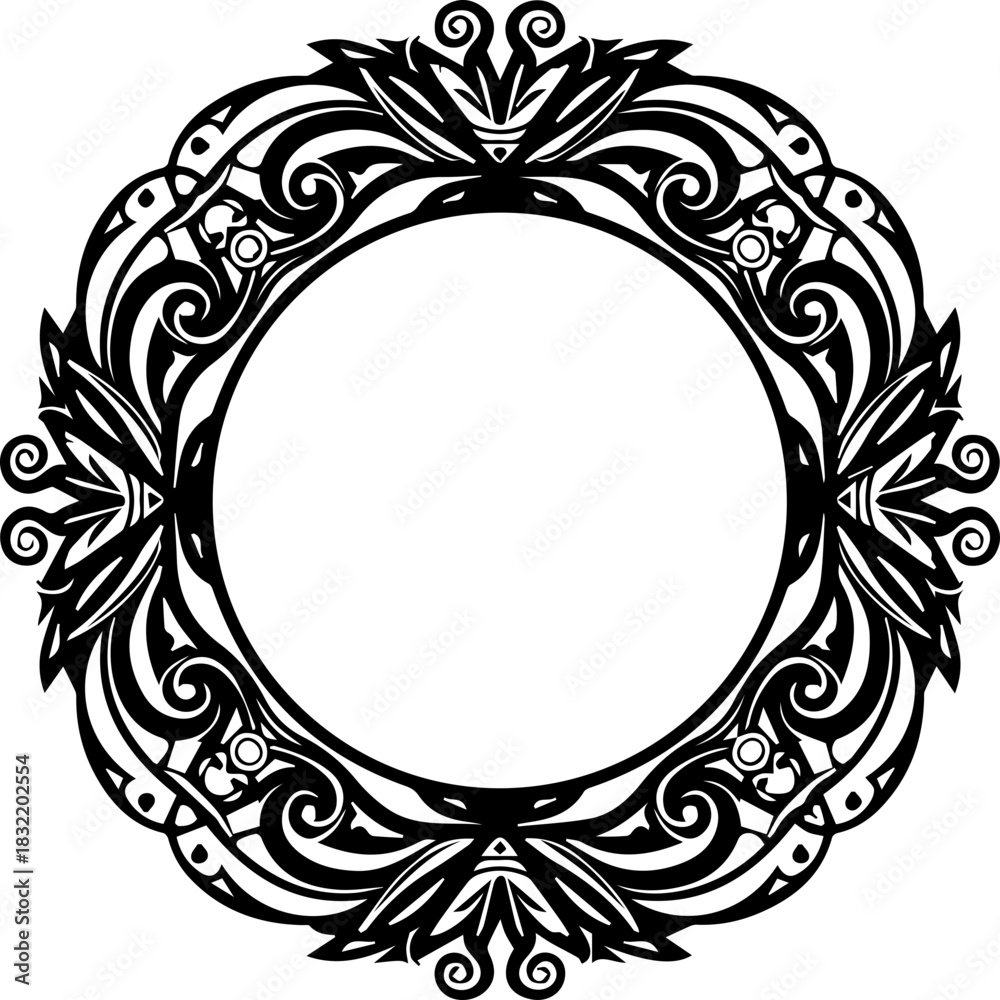 Obraz premium Elegant ornate circular frame design with intricate swirling floral motifs and decorative elements, perfect for invitations and branding.