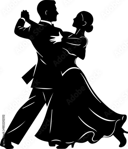 Elegant couple gracefully dancing ballroom waltz, celebrating romance and classic style with dynamic movement and sophisticated attire.
