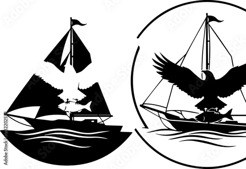 Majestic eagle soaring over fishing boat with sail and catch, symbolizing freedom and bounty in maritime adventure