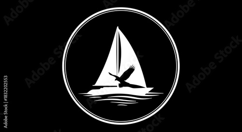 Majestic eagle soars above elegant sailboat on serene waters, symbolizing freedom, adventure, and exploration in a modern, clean design