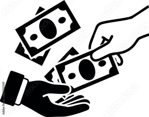 Minimalist flat design icon of hand paying cash to open palm with falling dollar bills, black and white financial transaction symbol, simple business payment graphic