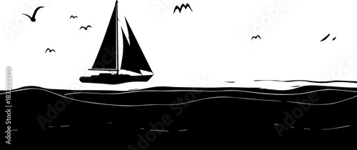 Sailboat gracefully gliding across ocean waves, seagulls soaring above, evoking freedom and adventure on the open sea, pure bliss