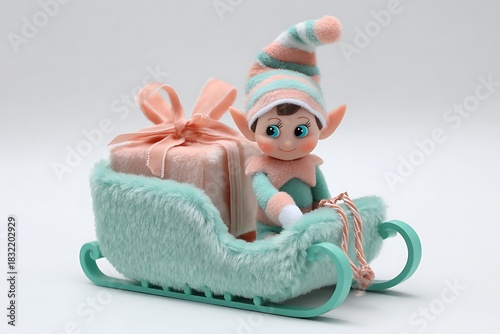 Cute christmas elf in a sleigh with a gift isolated on white background