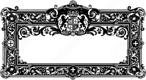 Elegant ornate frame with heraldic crest, perfect for luxury branding, invitations, and vintage design projects with a classic appeal