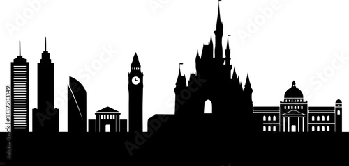 Dynamic cityscape silhouette featuring iconic modern skyscrapers, historic clock tower, and majestic fairytale castle creating a vibrant urban panorama