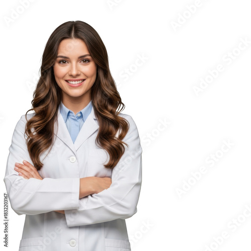 Smiling female doctor in white coat arms crossed isolated on transparent background