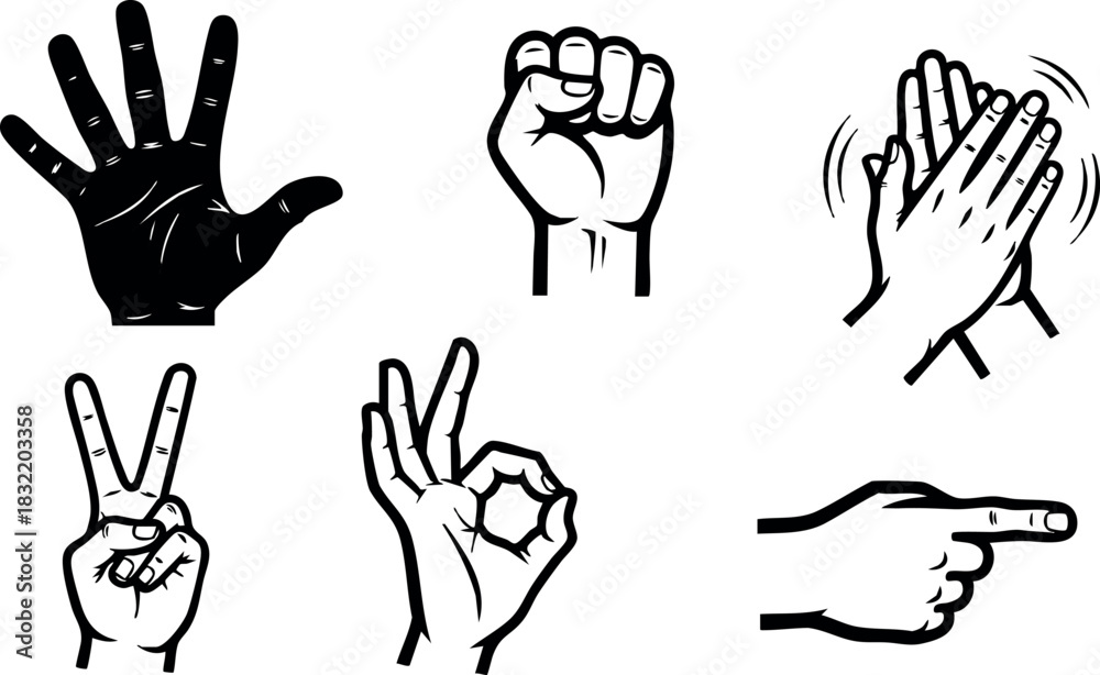 Fototapeta premium Bold black and white line art collection of expressive hand gestures including open palm, fist, clapping, peace sign, okay sign, and pointing finger, minimalist vector style